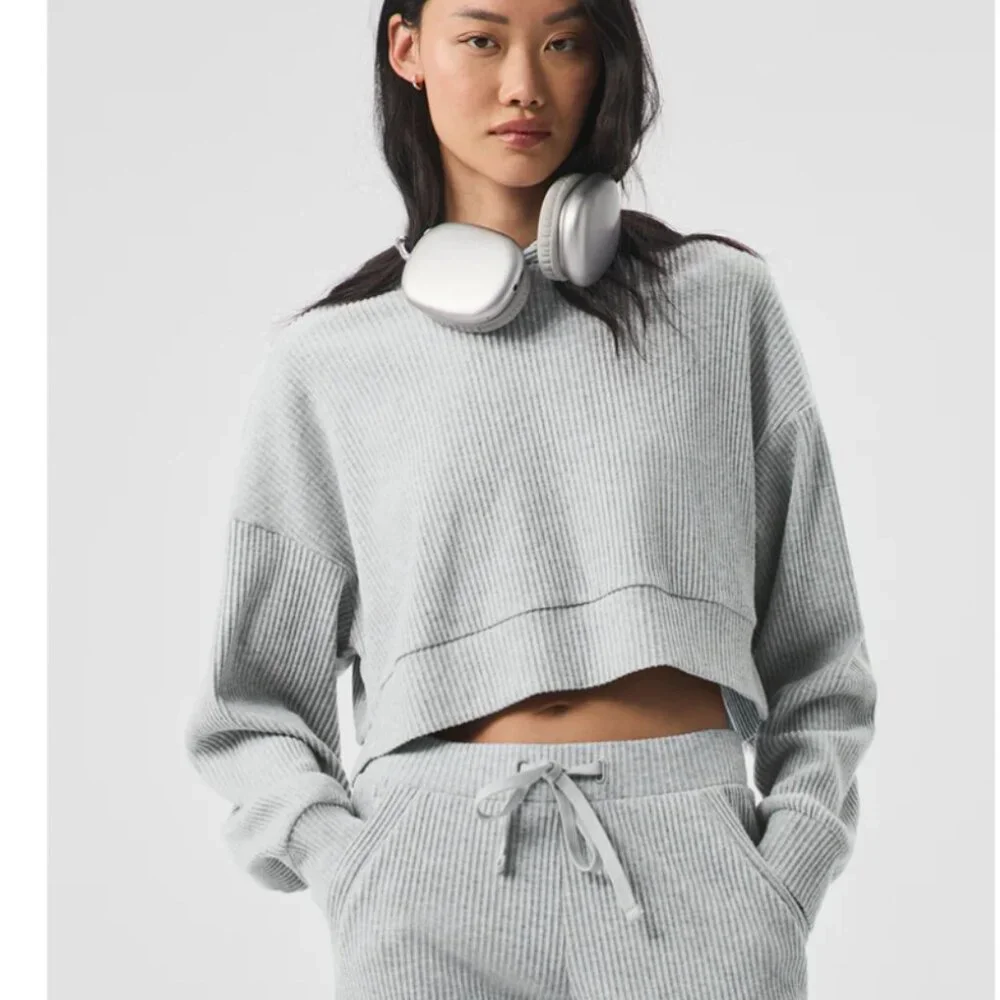 NWT‎ ALO Yoga Muse Hoodie Athletic Heather Grey Ribbed Size XS